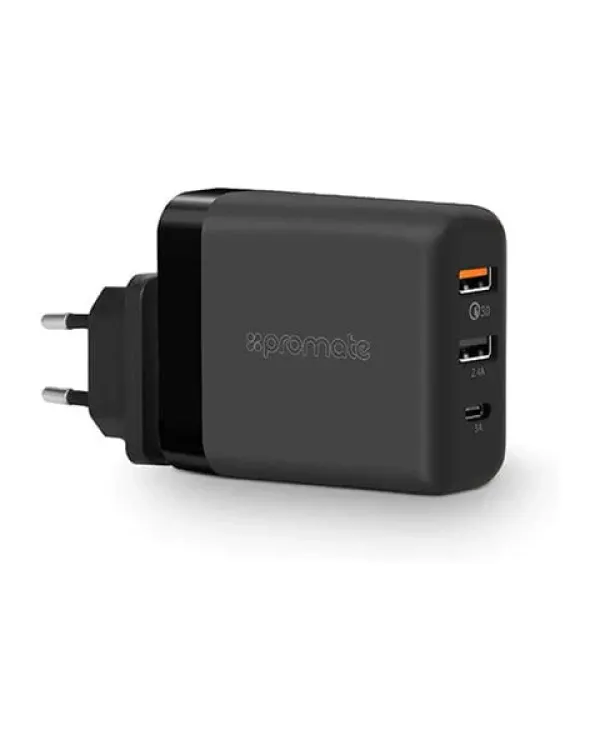 Promate, PowerHub-QC Travel Charger, Premium 3-Port 30W USB Wall Adapter with Type-C Power - Black